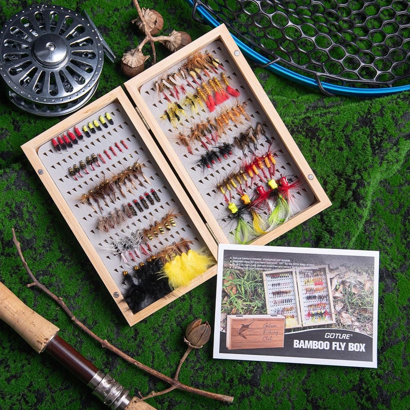 Goture Fly Fishing Flies Kit, 54pcs Dry Wet Flies Streamers Nymphs with Wooden Fly Box, Bass Trout Steelhead Salmon Lures Set Assortment Kit, Gifts for Men - Image 3